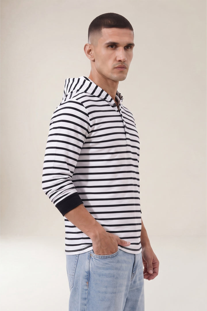 White Full Sleeve Cotton Hooded Neck T-Shirt