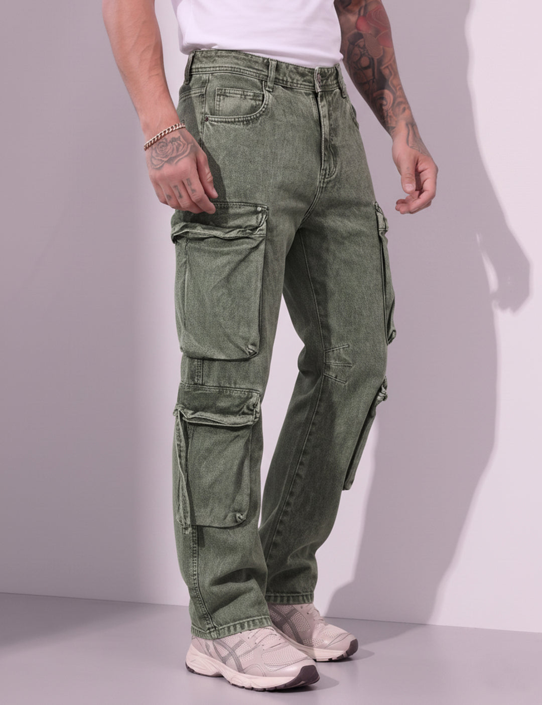 Green Men Button Closure Denim Cargo
