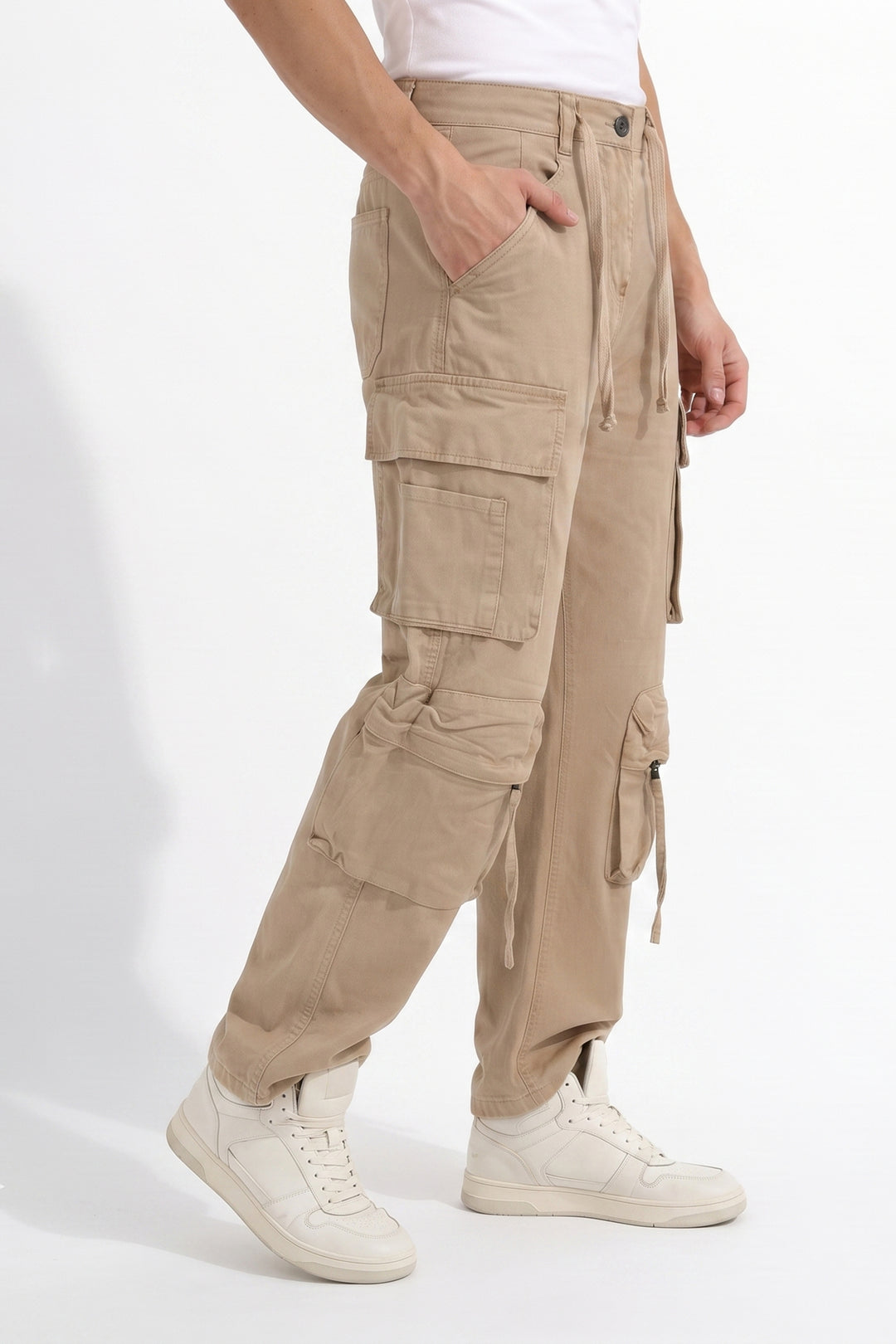 Gritstones Men's Beige Utility 10 Pocket Cargo Pants