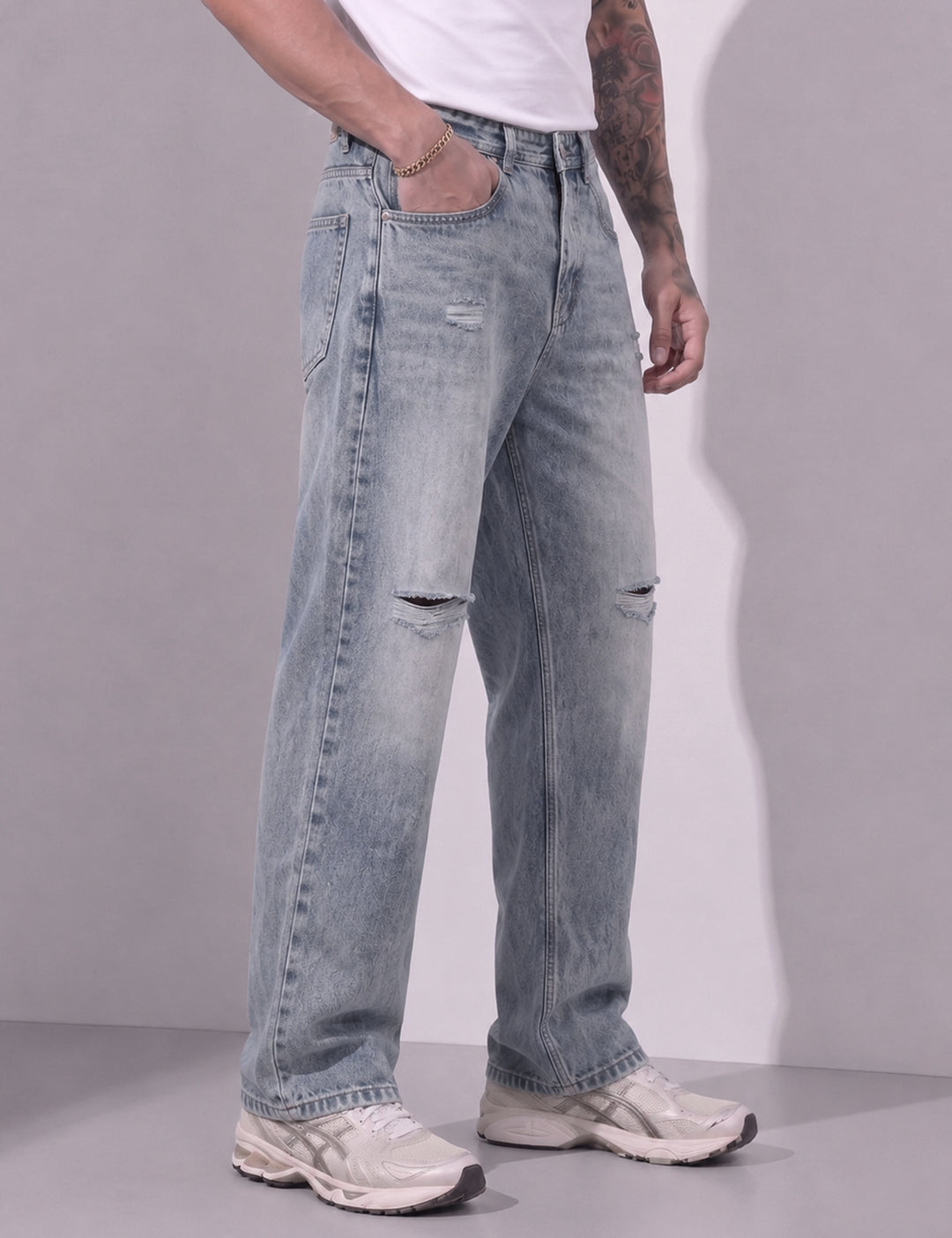 Blue Men Button Closure Denim Cargo