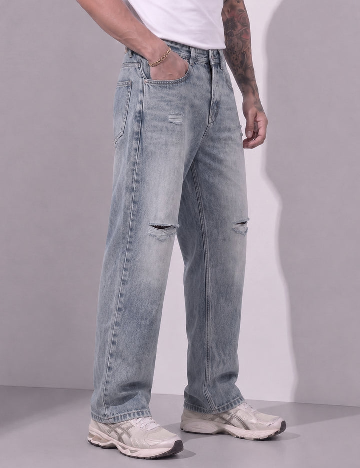 Blue Men Button Closure Denim Cargo