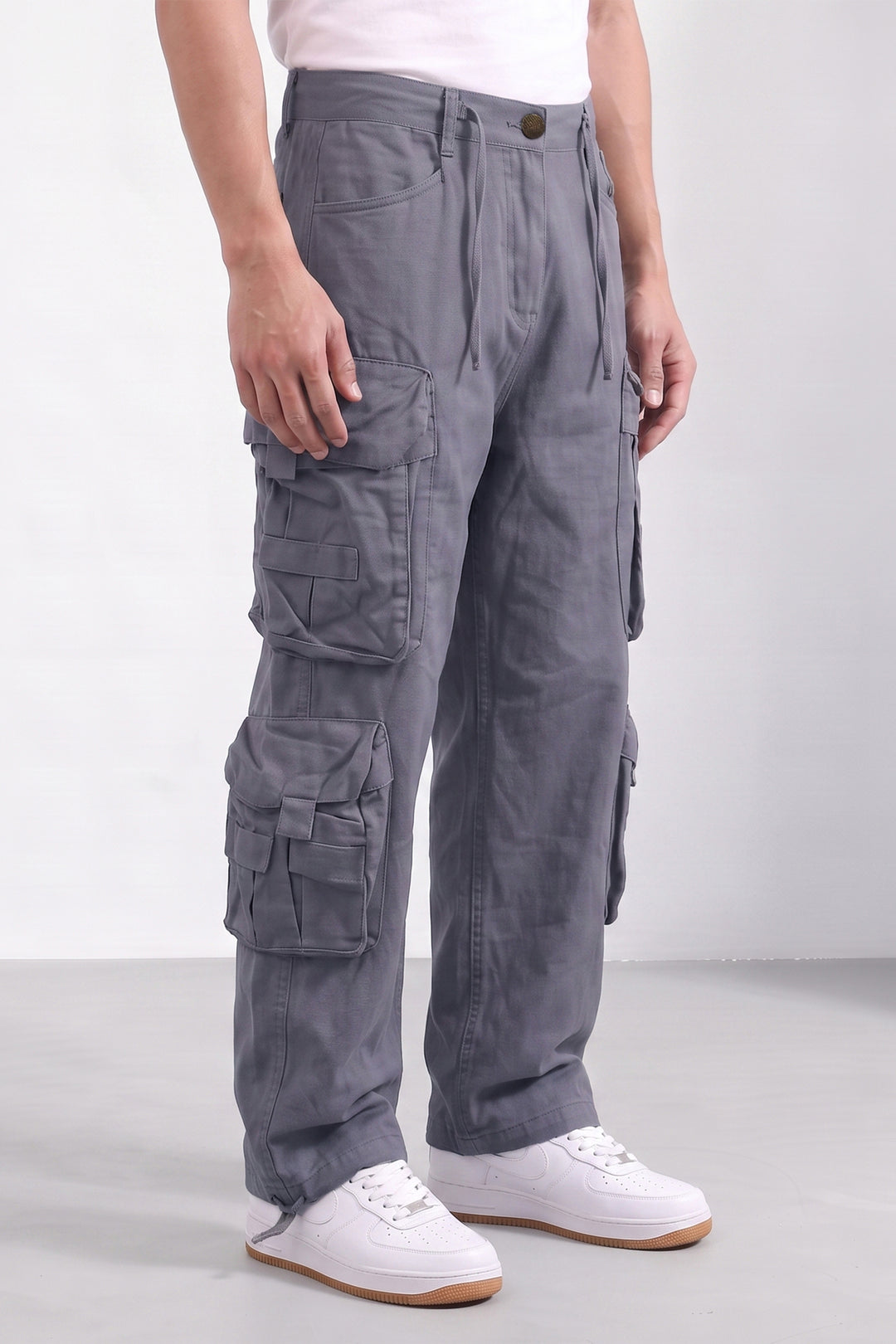 Steel Grey Mens Solid 8-Pocket Cotton Cargo Pant