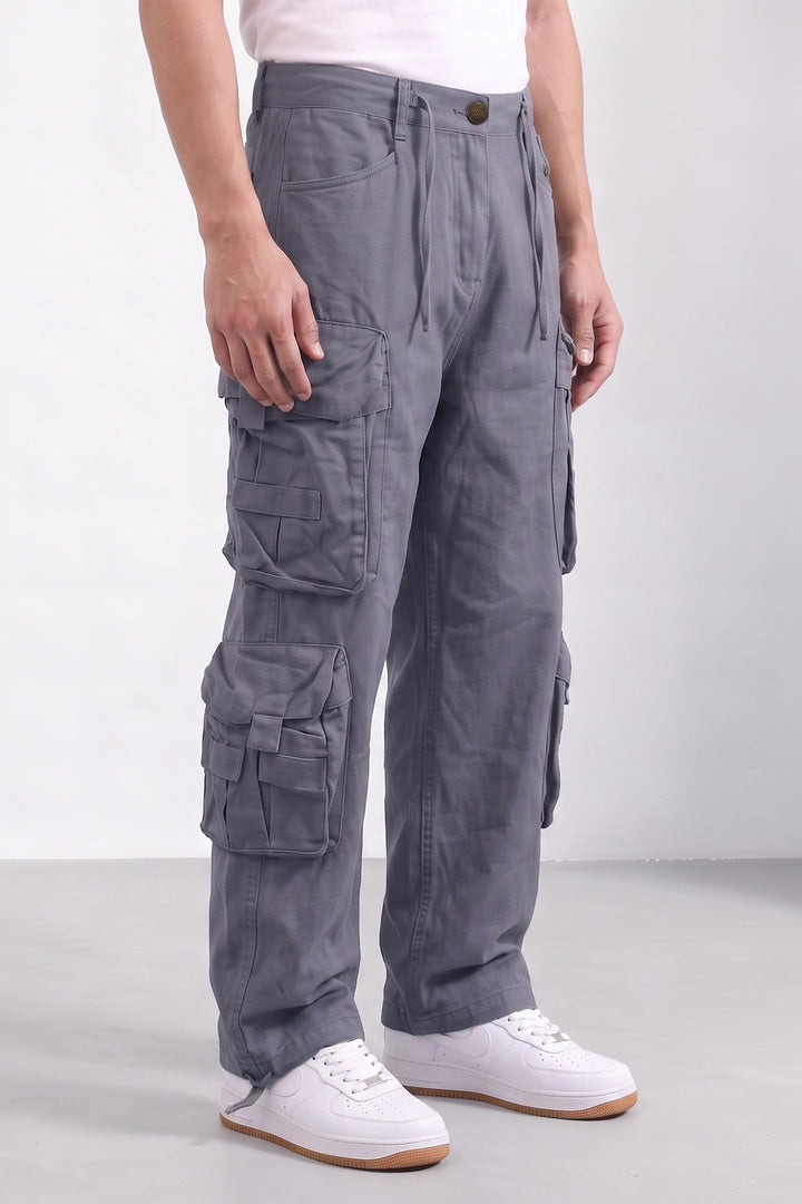 Steel Grey Mens Solid 8-Pocket Cotton Cargo Pant