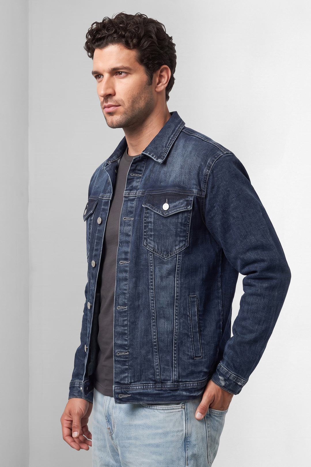Navy Classic Denim Trucker Jacket with Button Closure