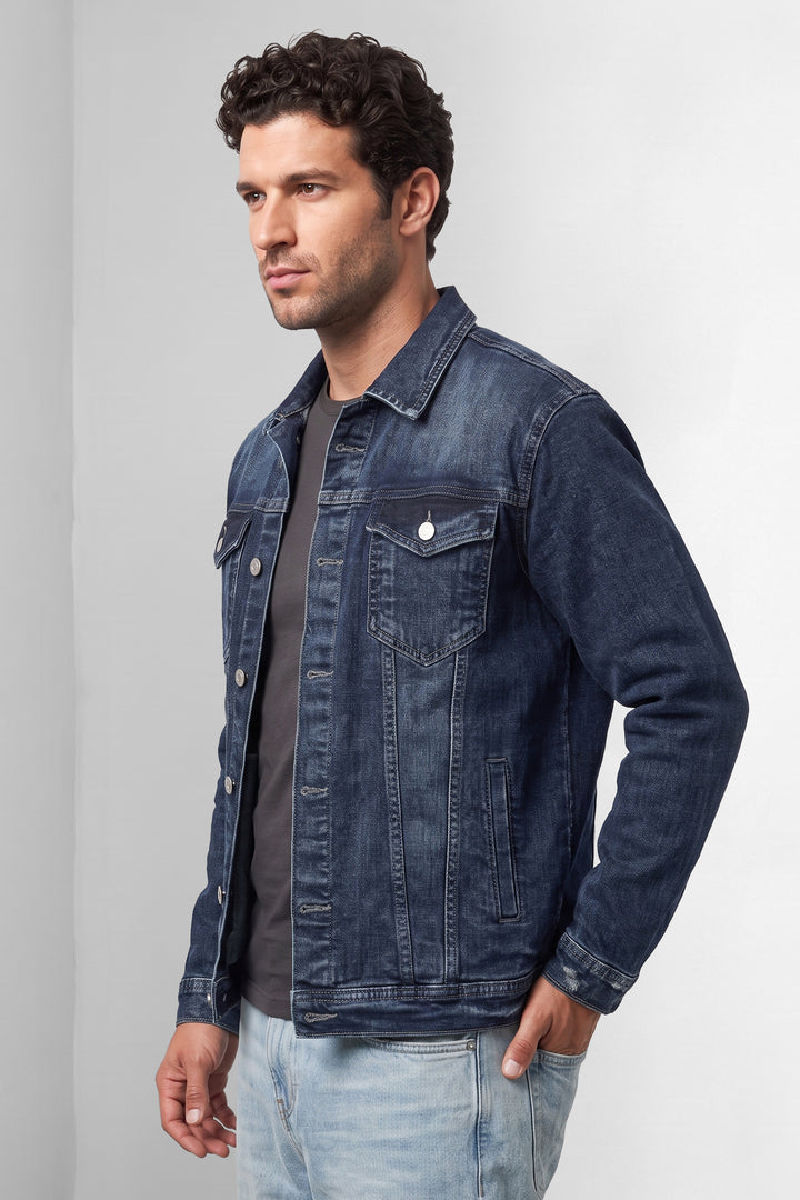 Navy Classic Denim Trucker Jacket with Button Closure