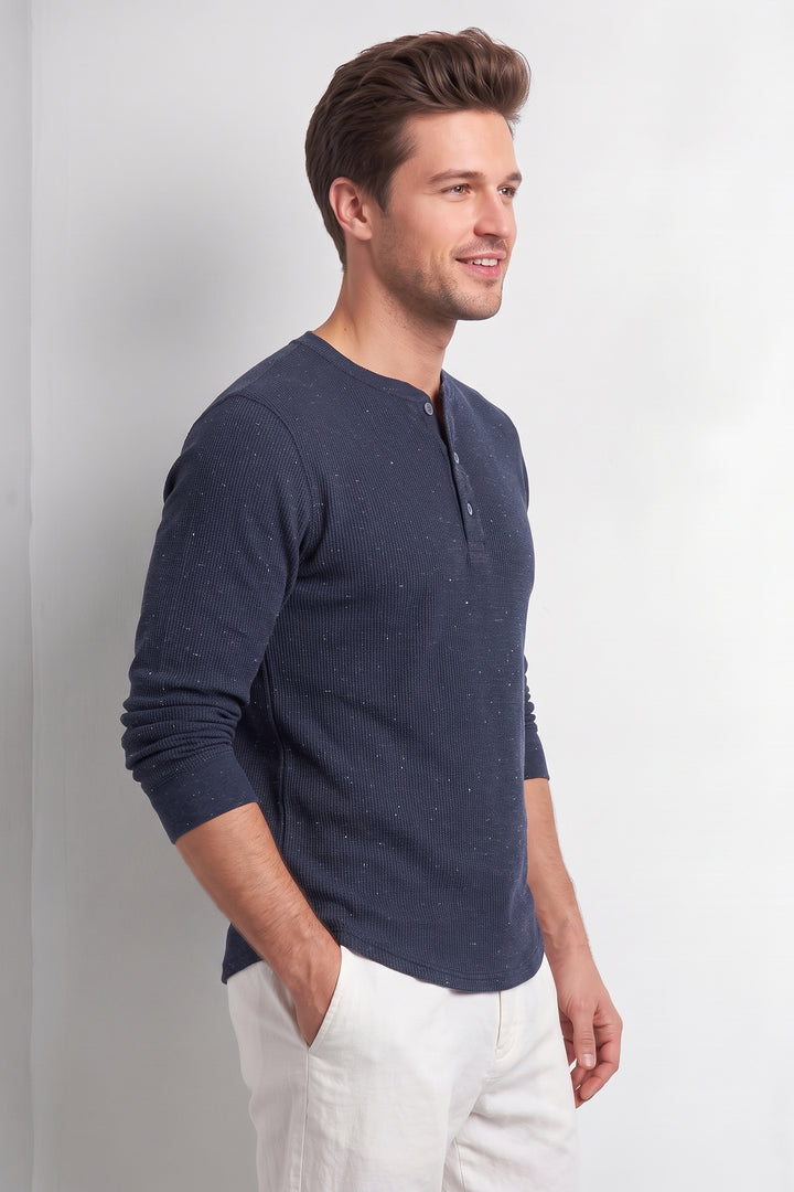 Navy Blue Self Waffle Knit Henley T-Shirt