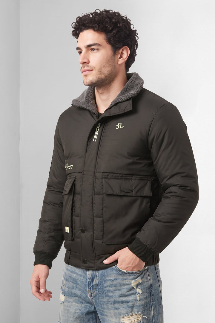 Black Quilted Puffer Jacket with Fur Collar