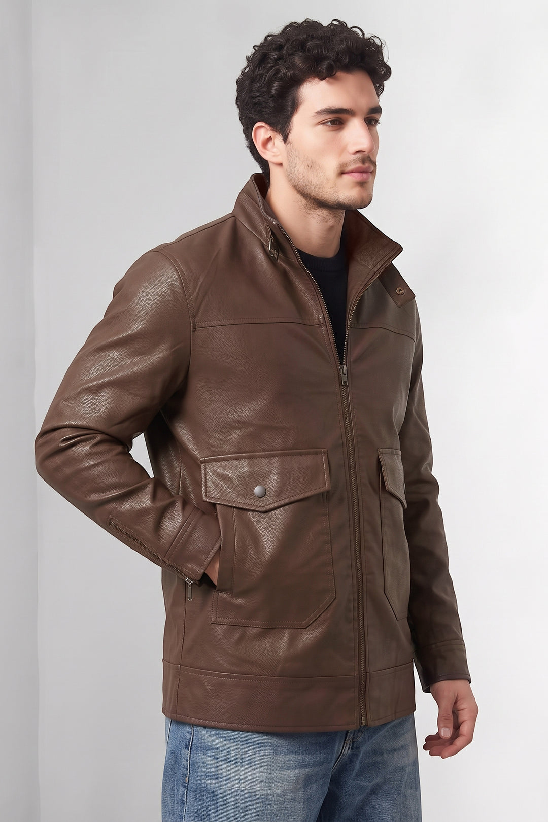 Dark Brown Textured Faux Leather Winter Jacket