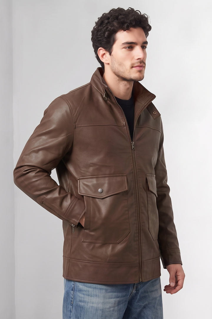 Dark Brown Textured Faux Leather Winter Jacket