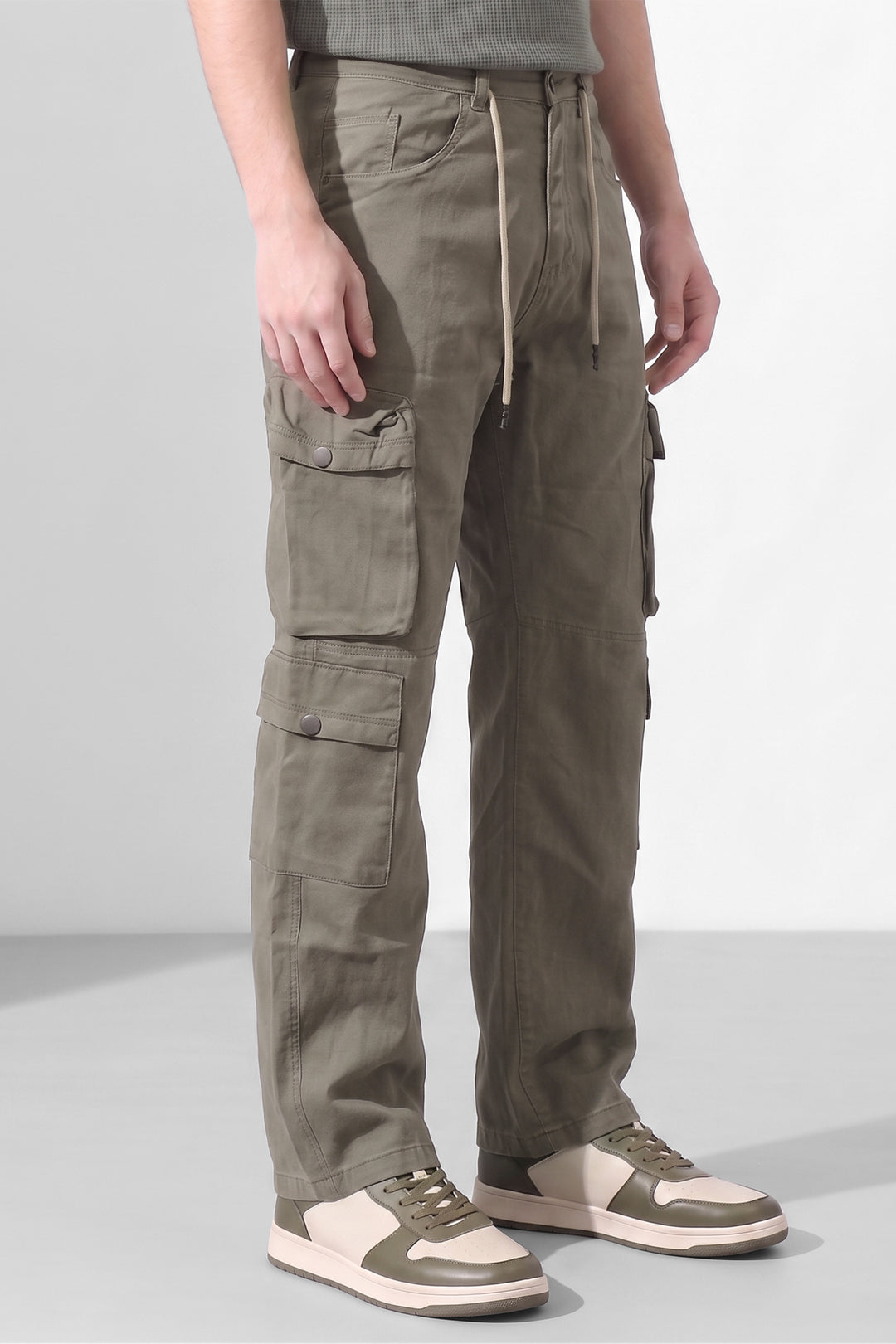 Light Green Mens Solid 8-Pocket Cotton Cargo Pant