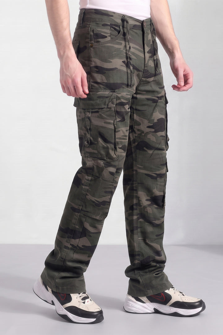 Olive Mens Camouflage 8-Pocket Cotton Cargo Pant