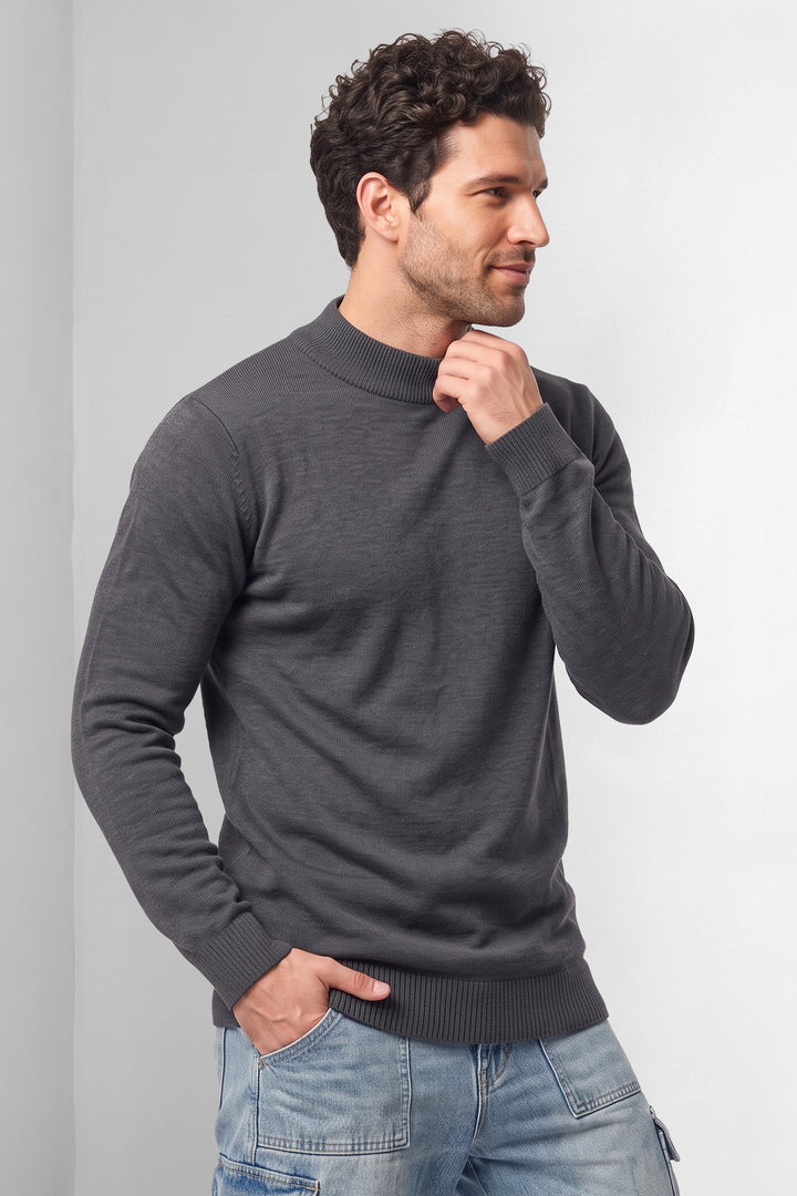 Dark Grey Solid Mock Neck Full Sleeve Fine-Knit Sweater