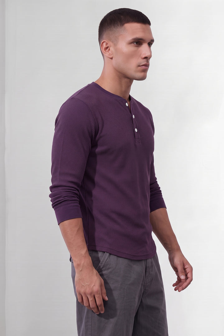 Purple Self Waffle Knit Henley T-Shirt