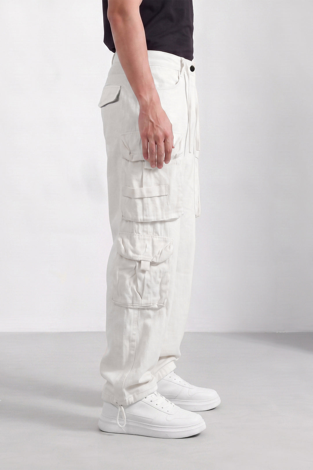 White Mens Solid 8-Pocket Cotton Cargo Pant