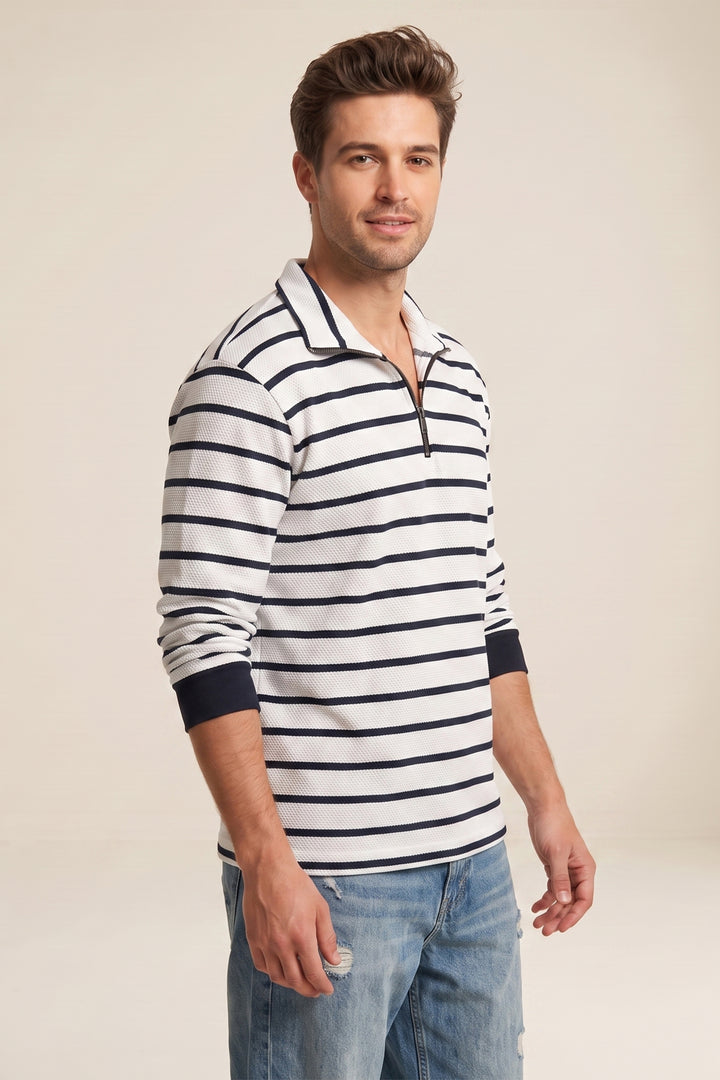 White Full Sleeve Striped Zipper T-Shirt