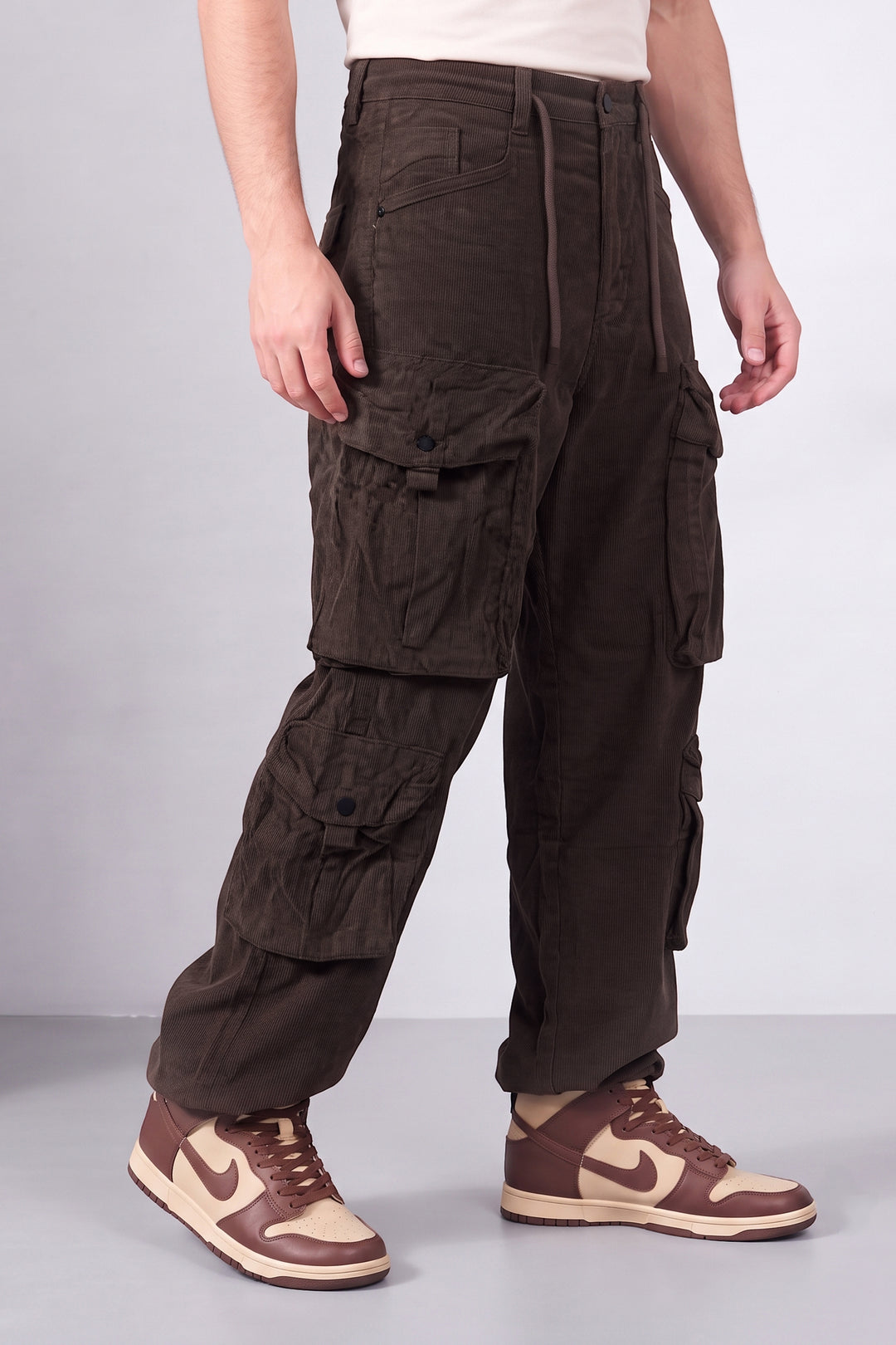 Coffee Brown Men 8 Multi Pocket Coudroy Cargos