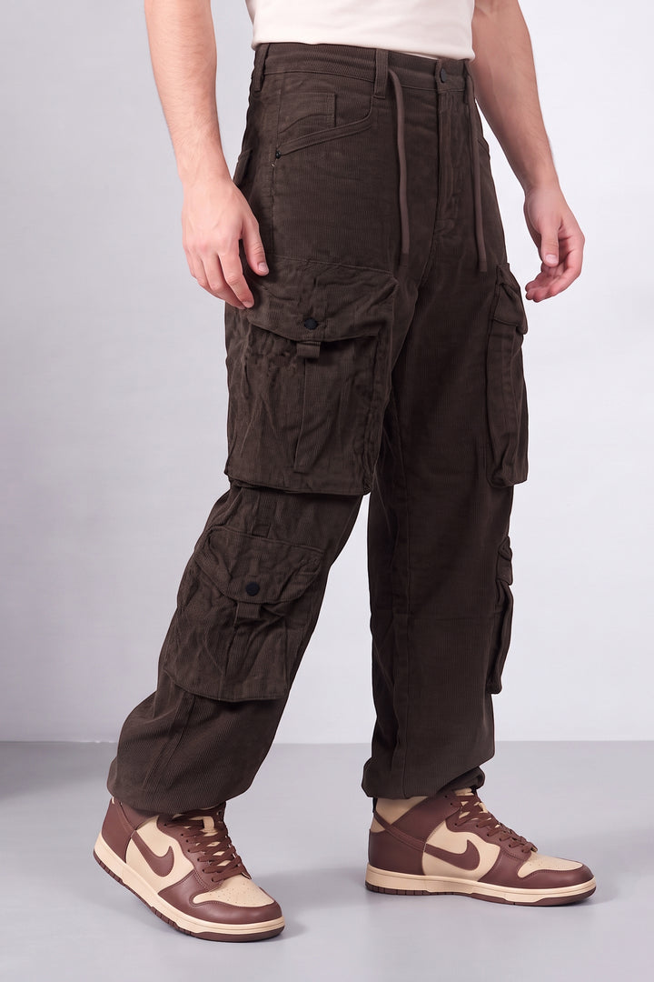 Coffee Brown Men 8 Multi Pocket Coudroy Cargos