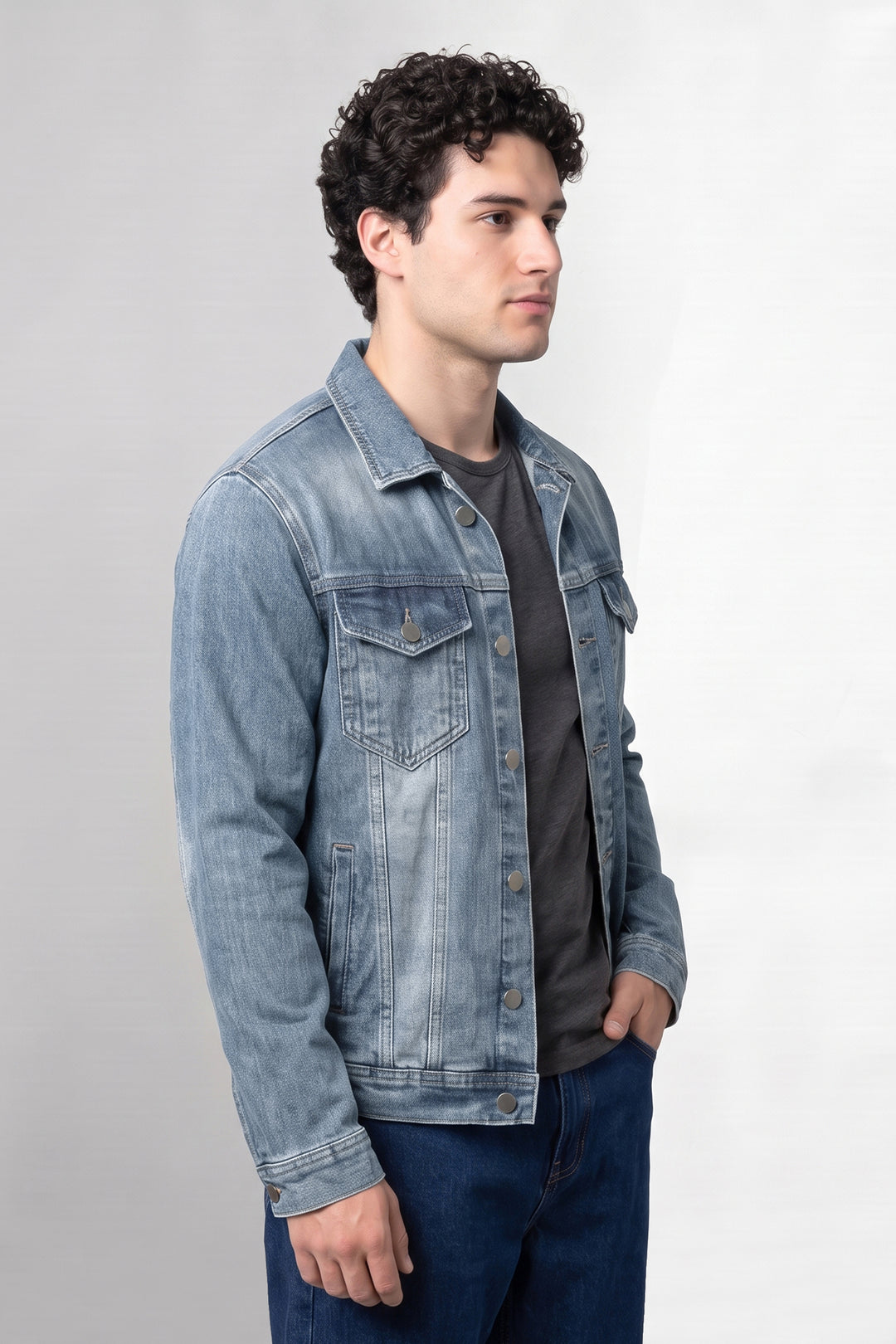 Blue Classic Denim Trucker Jacket with Button Closure