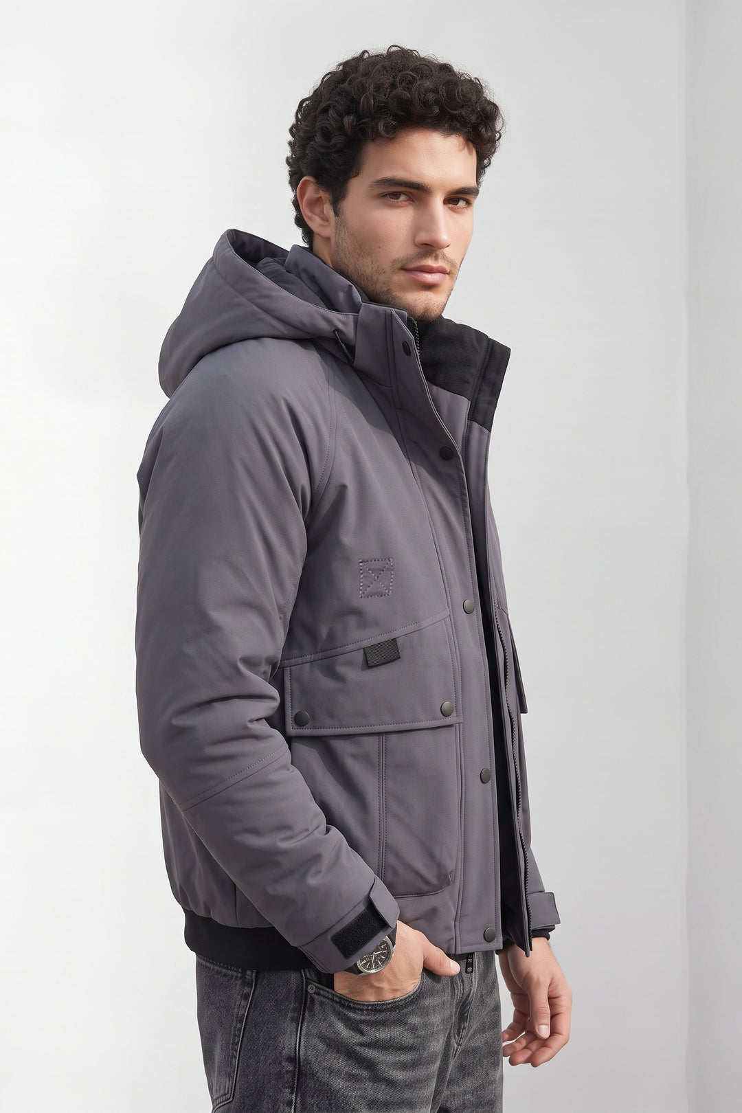 Light Purple Quilted Hooded Heavy Winter Jacket with Utility Pockets