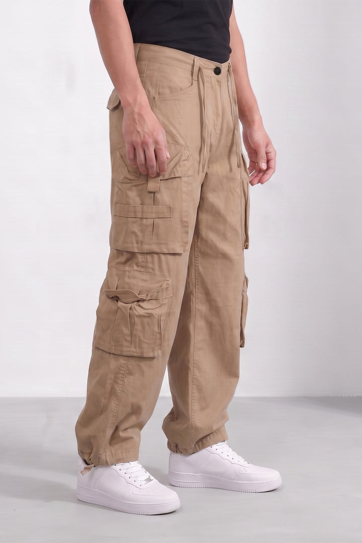 Brown Mens Solid 8-Pocket Cotton Cargo Pant