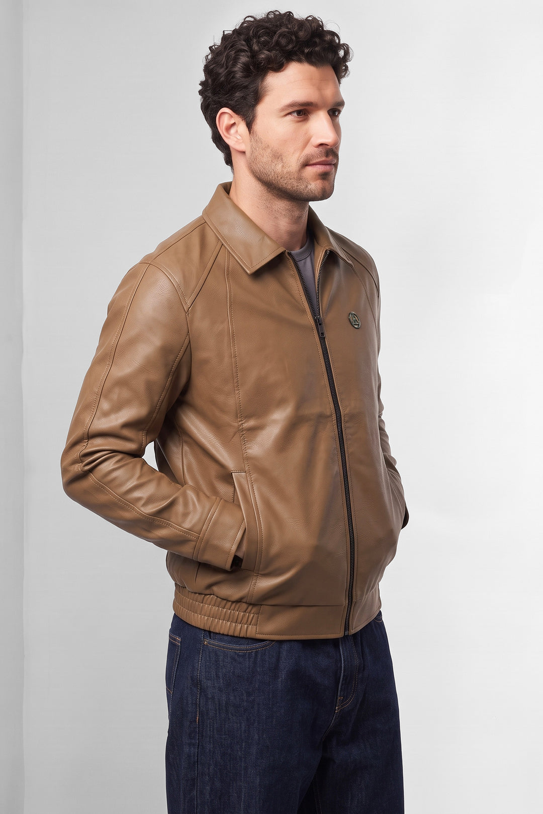 Brown Textured Faux Leather Zip-Front Jacket
