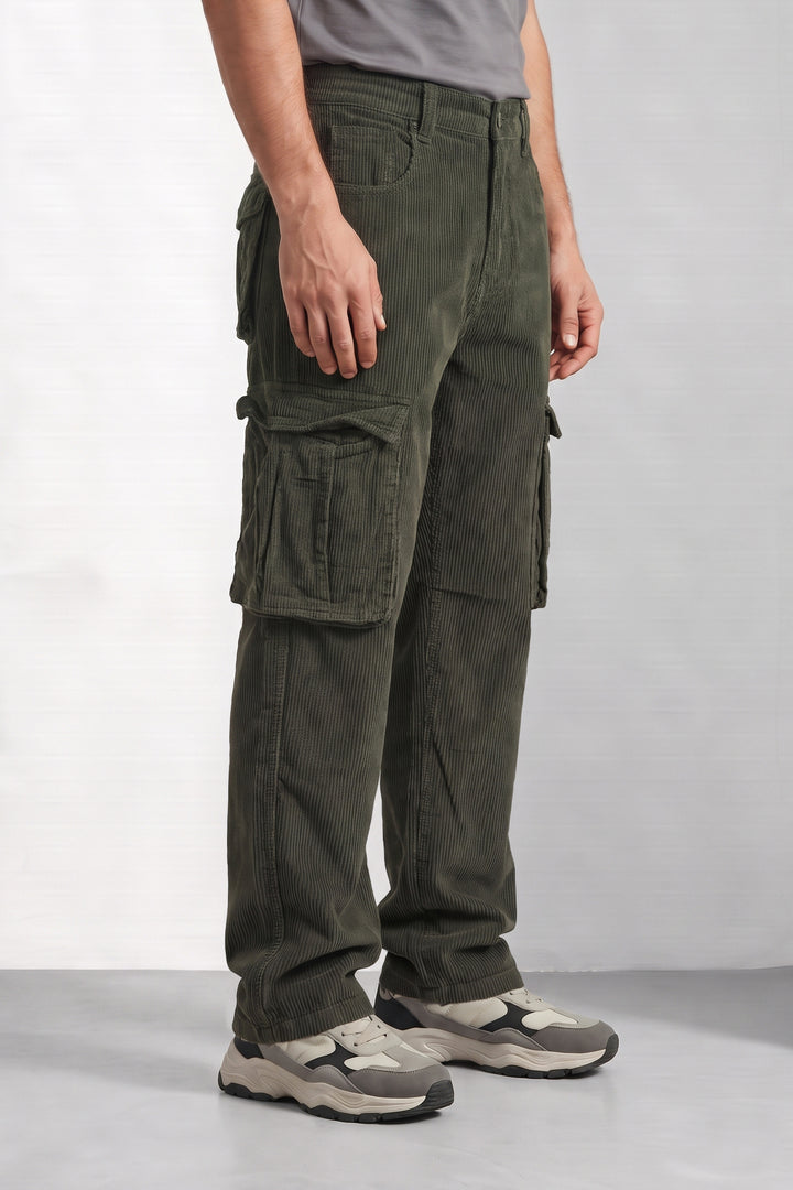Olive Premium Corduroy Multi-Pocket Cargo Trousers