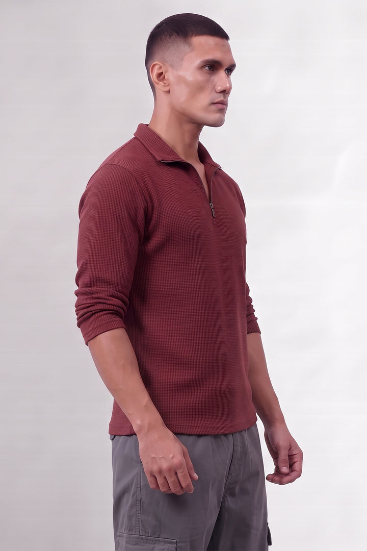 Maroon Self Design Zipper T-Shirt