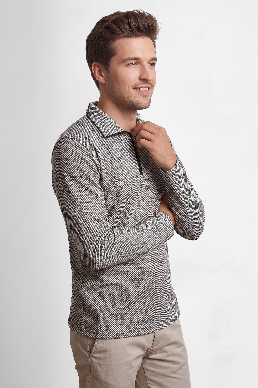 Black Silver Self Design Zipper T Shirt