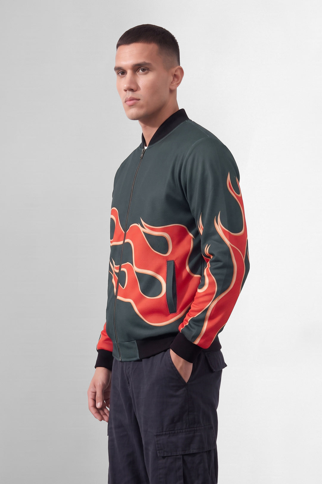 Black Fire Printed Regular Fit Bomber Jacket