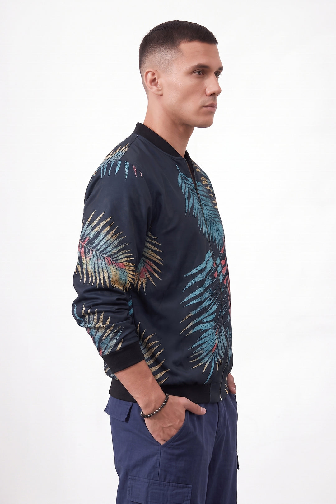 Black Leaf Digital Printed Bomber Jacket