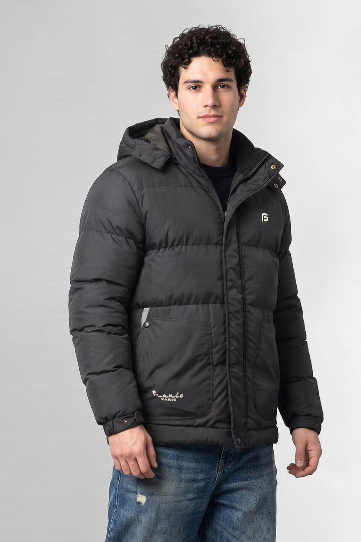 Grey Hooded Padded Winter Jacket with Detachable Hood