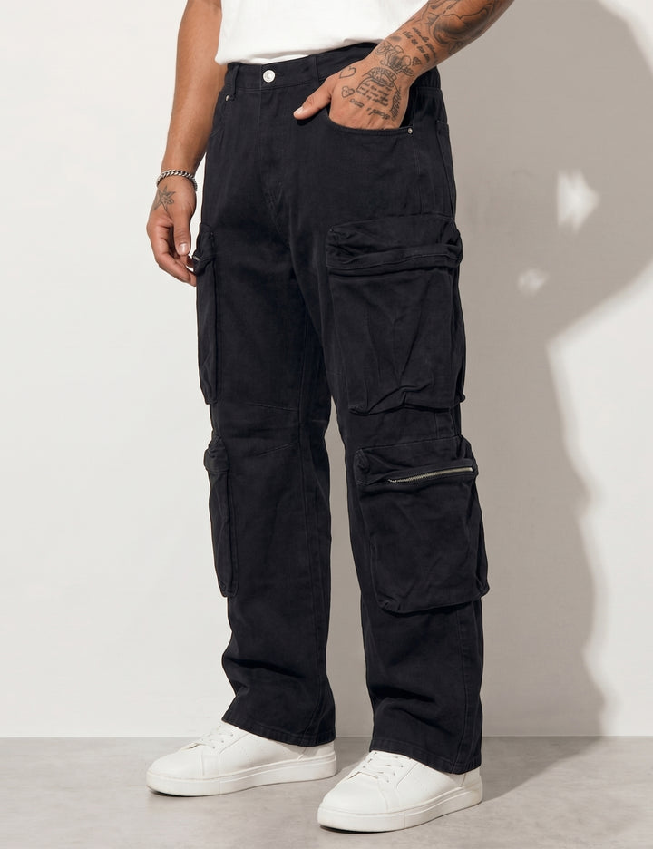 Black Men Button Closure Denim Cargo