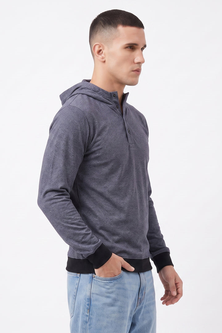 Grey Hooded Full Sleeve Cotton T-Shirt