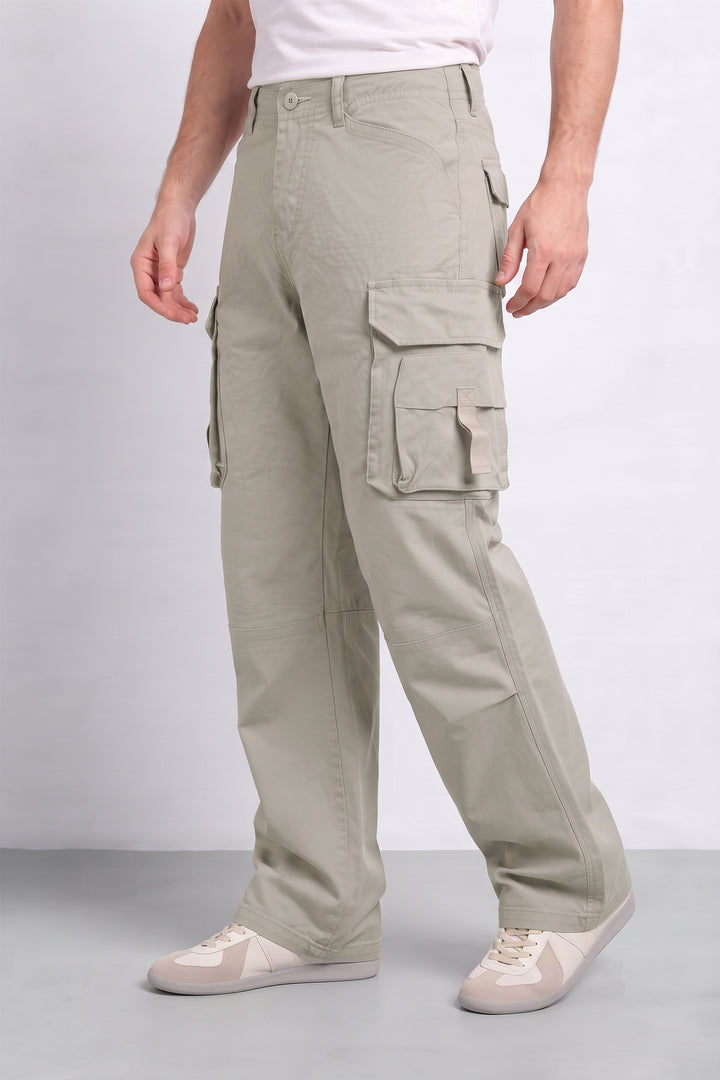 Light Grey Men 6 Multi Pocket Cotton Cargo Trousers