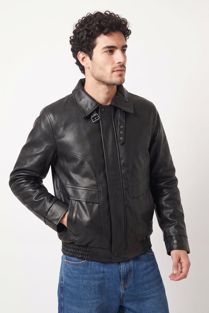 Black Textured Faux Leather Heavy Jacket