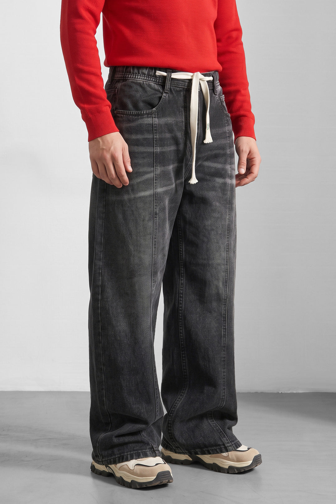 Black Barrel Denim Jeans with Contrast Drawstring Detail