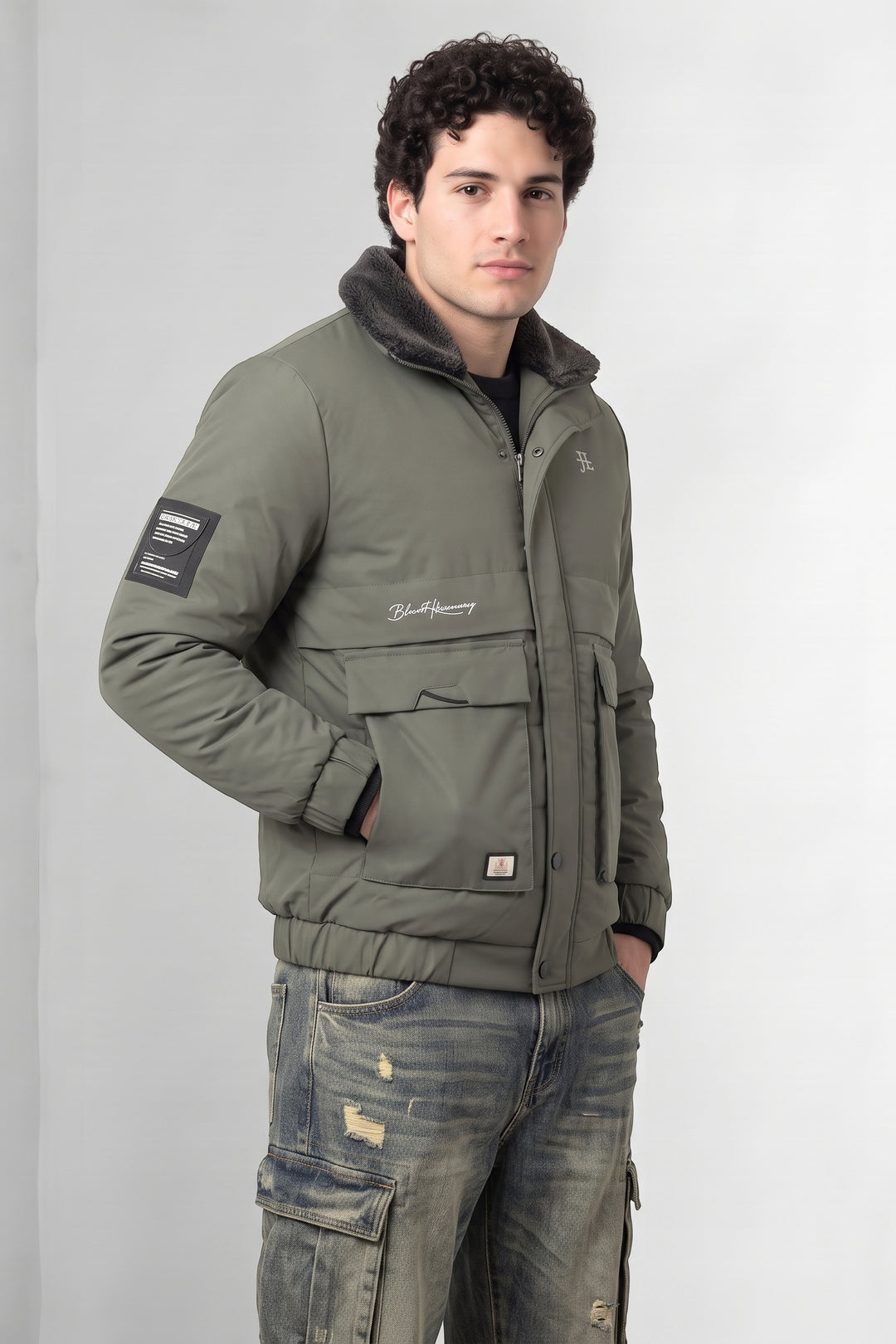 Green Quilted Puffer Jacket with Fur Collar