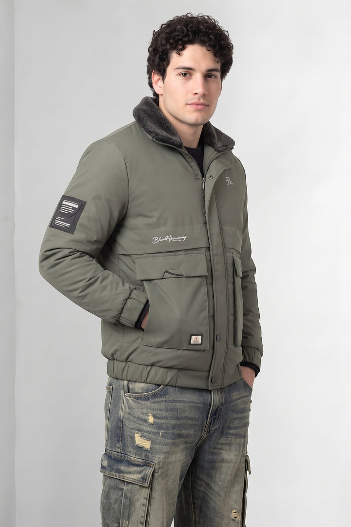 Green Quilted Puffer Jacket with Fur Collar