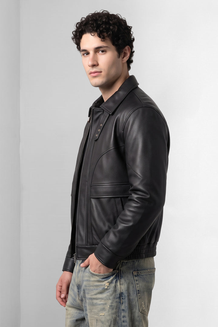 Black Textured Faux Leather Heavy Jacket