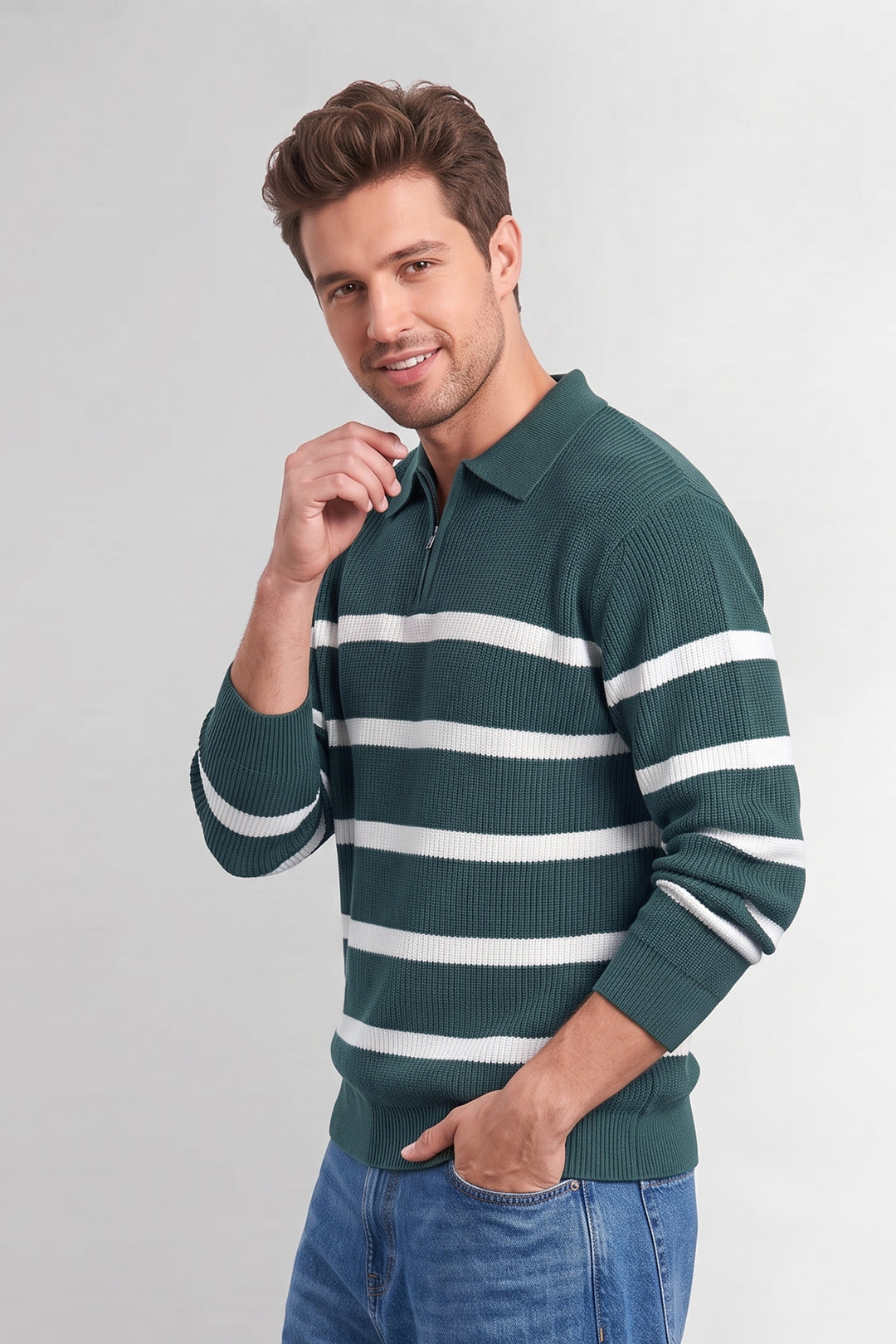 Green Men Regular Fit Flat Knit Striped Collar Neck Pullover