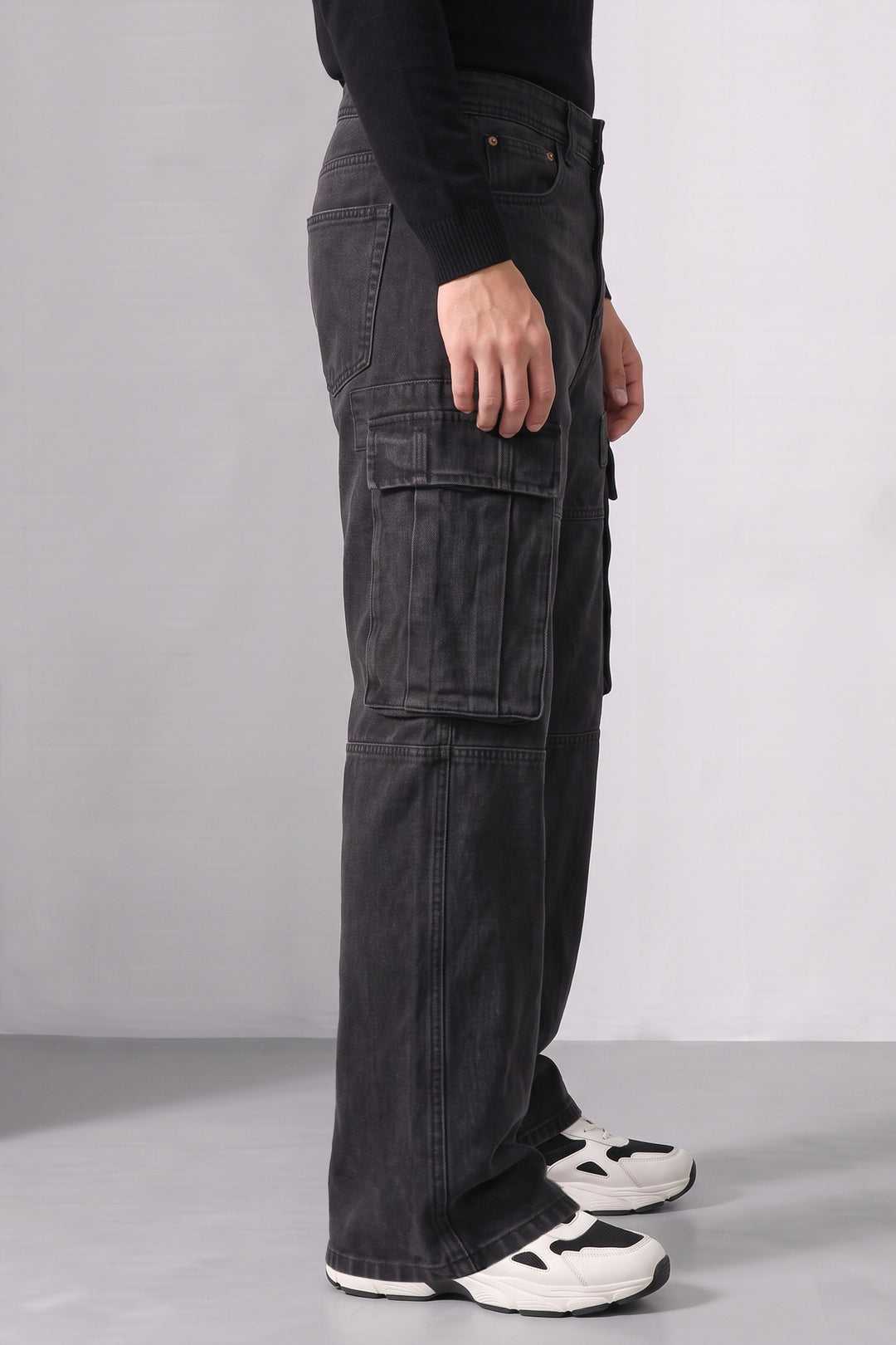 Black Baggy Denim Cargo with Multi-Pocket Utility Design