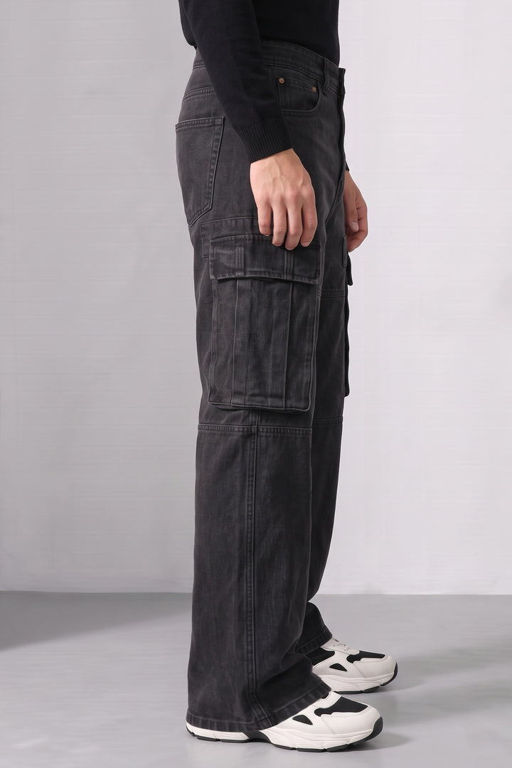 Black Baggy Denim Cargo with Multi-Pocket Utility Design