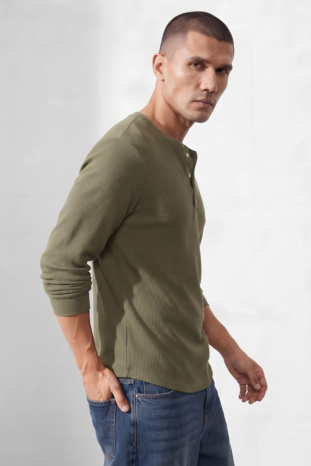 Mehandi Green Self Waffle Knit Henley T-Shirt