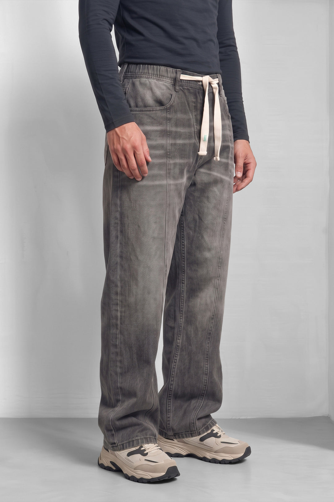 Dark Grey Barrel Denim Jeans with Contrast Drawstring Detail