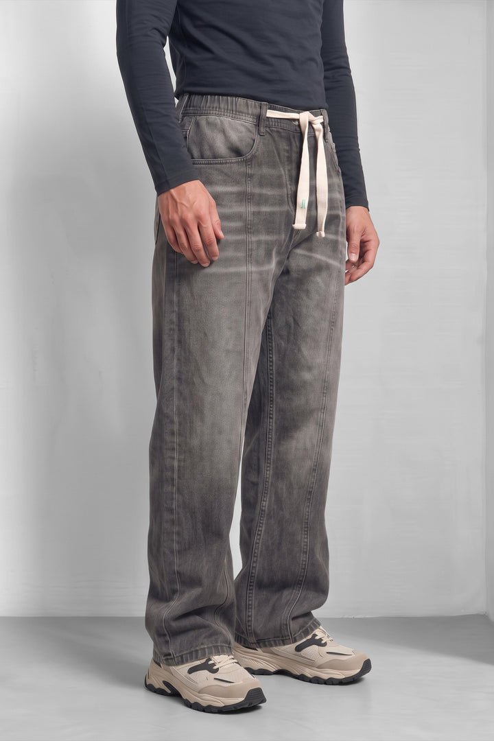 Dark Grey Barrel Denim Jeans with Contrast Drawstring Detail