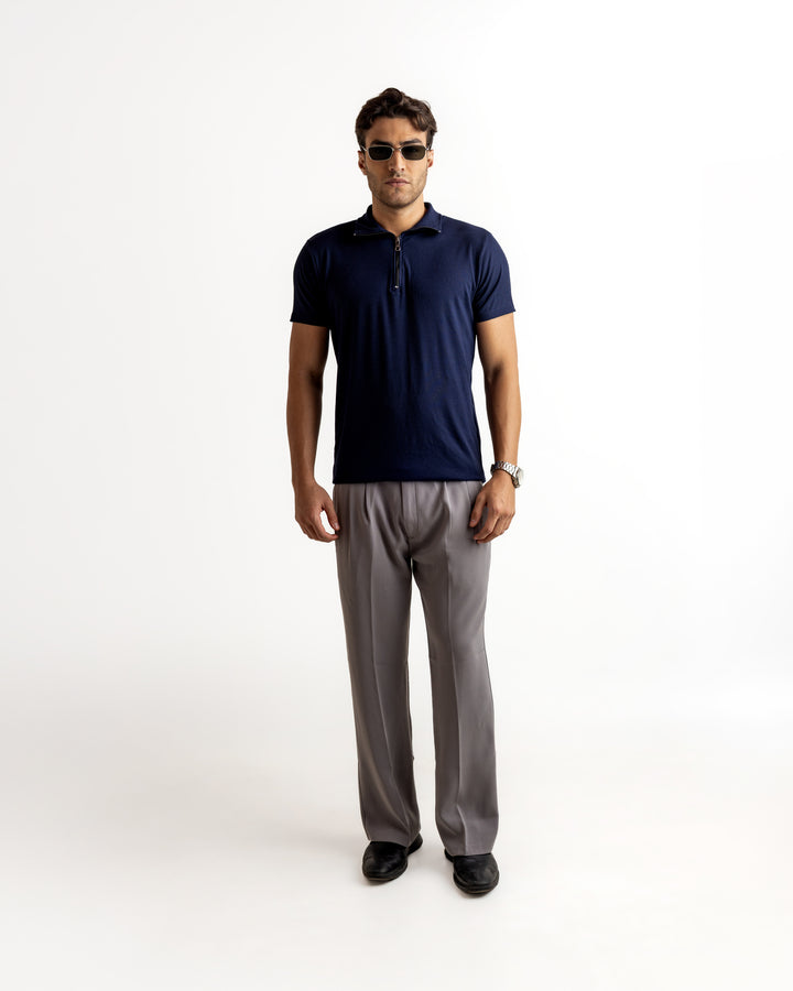 Navy Self Design Cotton Rib Zipper T-Shirt