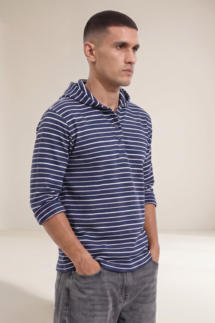 Navy Blue Full Sleeve Striped Hooded T-Shirt