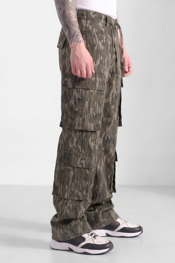 Olive Mens Printed 8-Pocket Cotton Cargo Pant