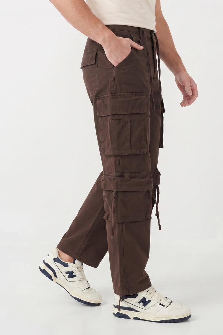 Gritstones Men's Brown Utility 10 Pocket Cargo Pants