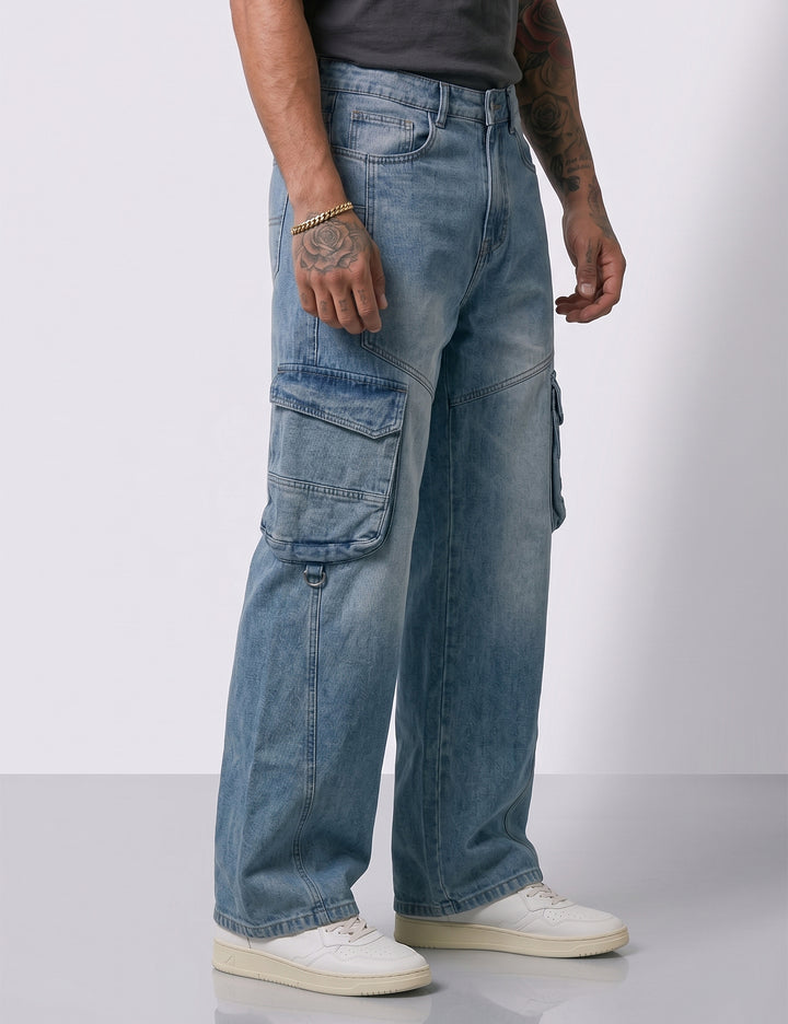 Grey Blue Men Pocket Denim Cargo